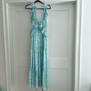 Collection ruffle-trim cutout maxi dress in lime floral size 8 NWT